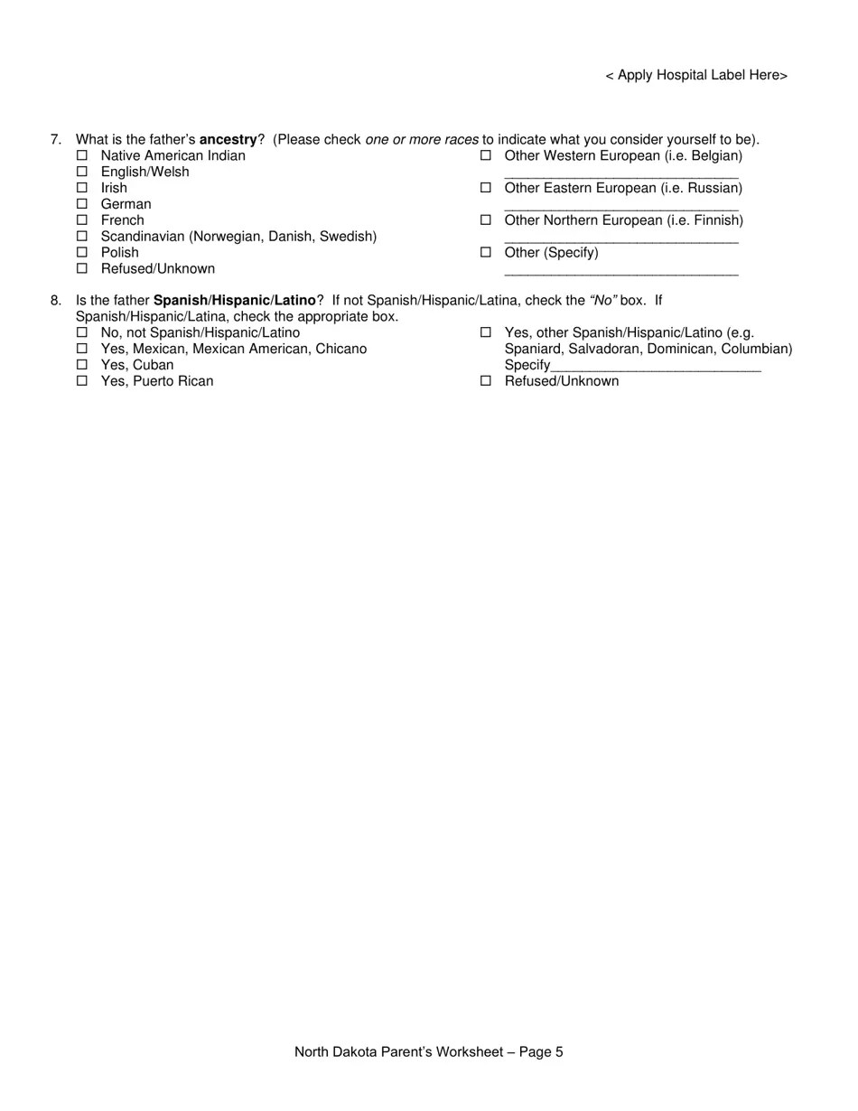 North Dakota Parent's Worksheet for Completing the North Dakota Birth Certificate Fill Out