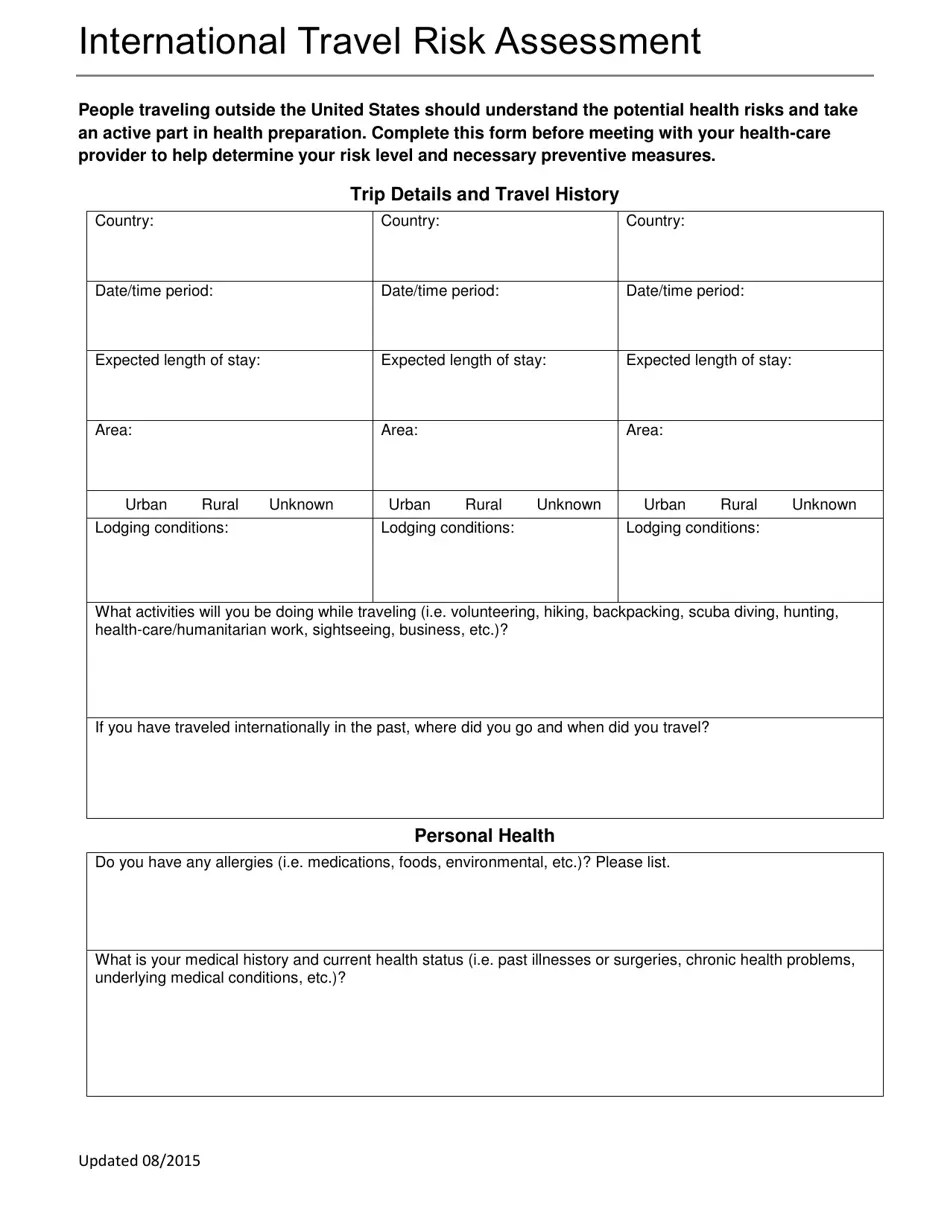 North Dakota International Travel Risk Assessment Fill Out, Sign