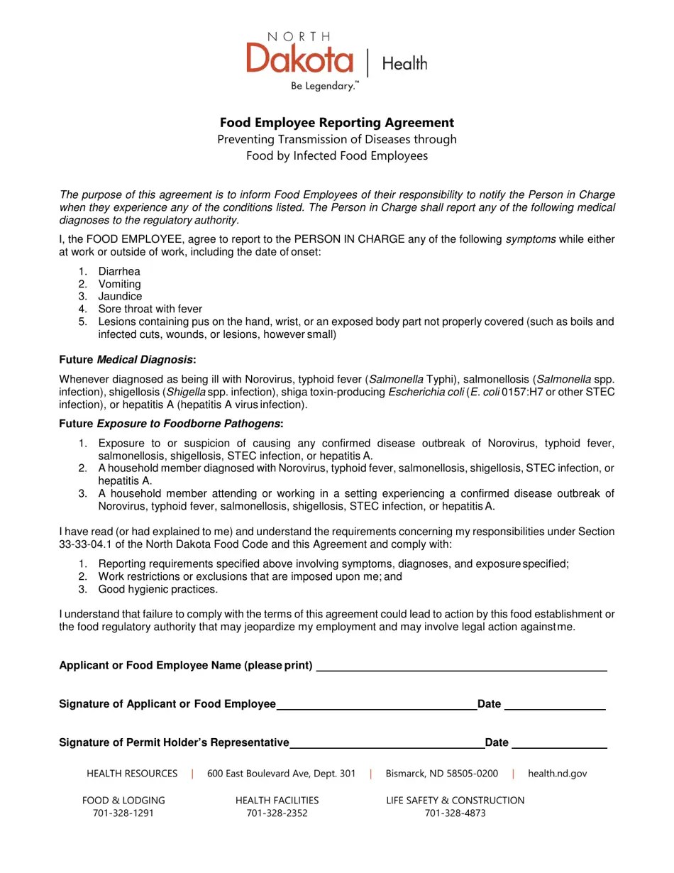 North Dakota Food Employee Reporting Agreement Fill Out, Sign Online