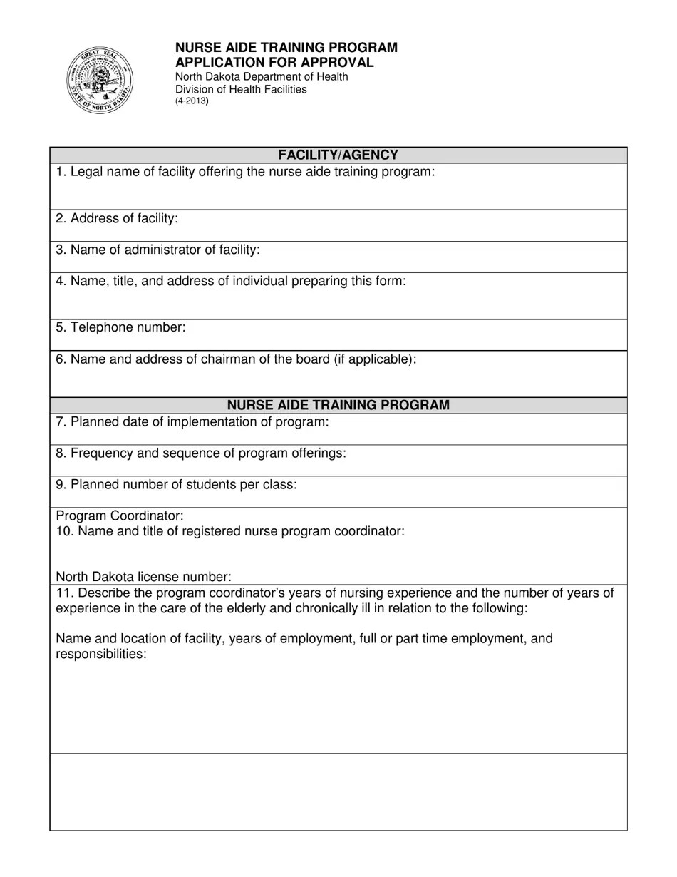 North Dakota Nurse Aide Training Program Application for Approval