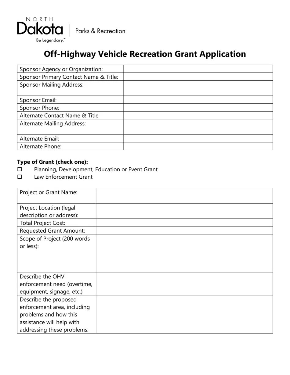North Dakota OffHighway Vehicle Recreation Grant Application Fill