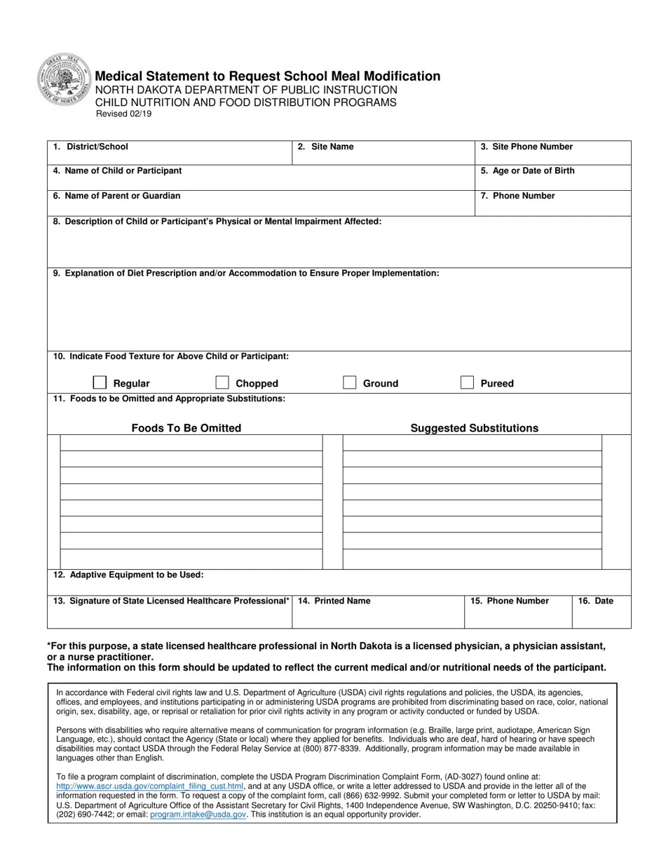 North Dakota Medical Statement to Request School Meal Modification Fill Out, Sign Online and