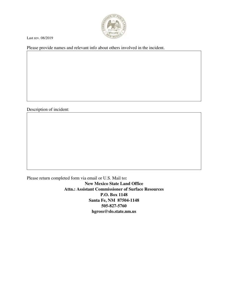 New Mexico State Trust Land MultipleUse Incident Reporting Form Fill