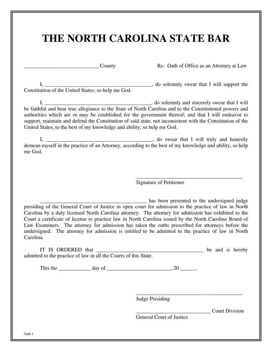 North Carolina Oath of Office as an Attorney at Law Fill Out, Sign