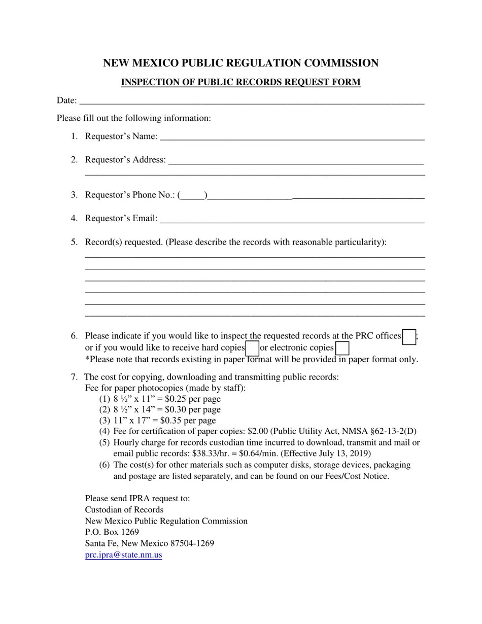 New Mexico Inspection of Public Records Request Form Fill Out, Sign