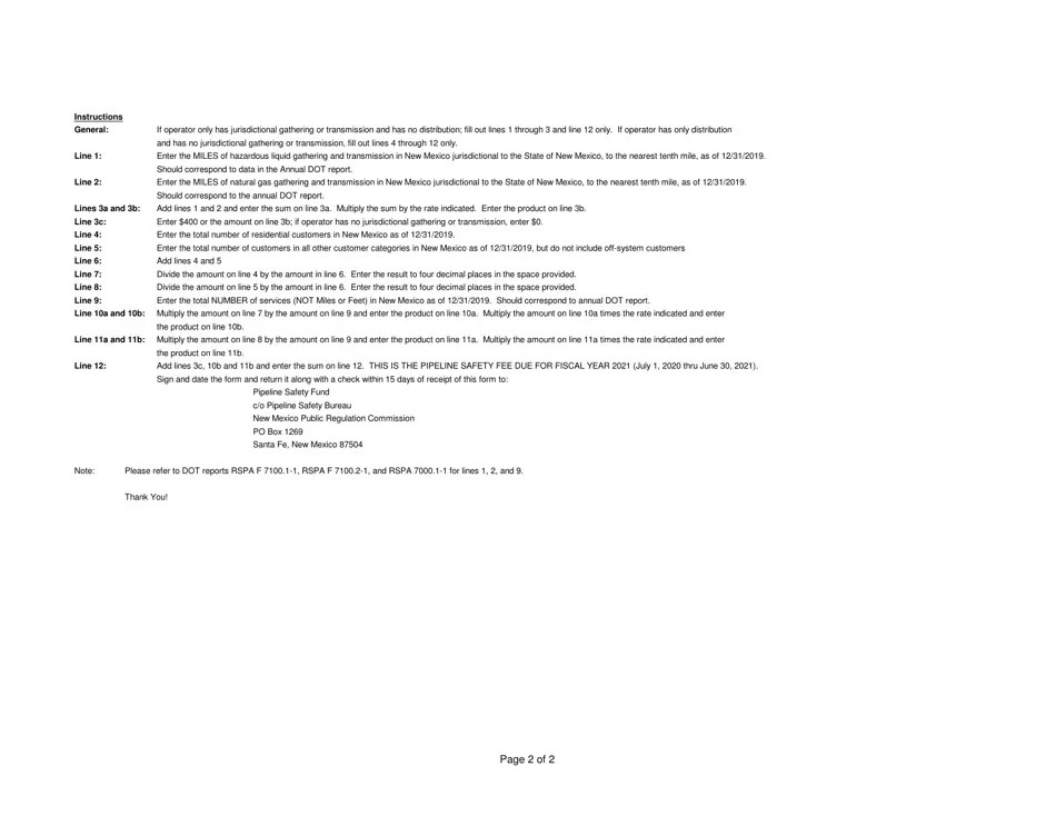 2021 New Mexico Pipeline Safety Fee Calculation Worksheet Fill Out