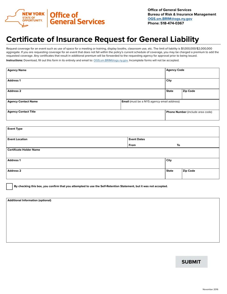 New York Certificate of Insurance Request for General Liability Fill