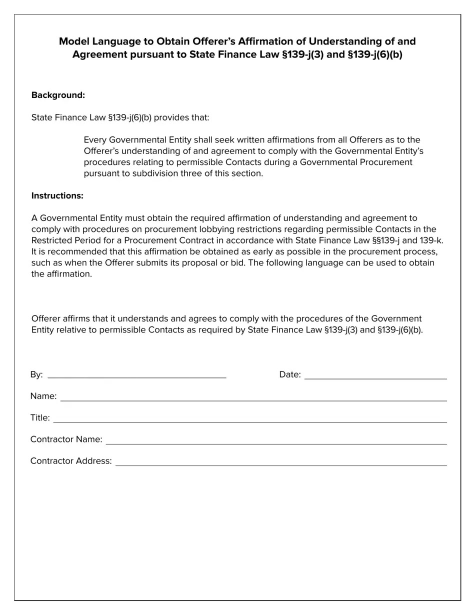 New York Model Language to Obtain Offerer's Affirmation of