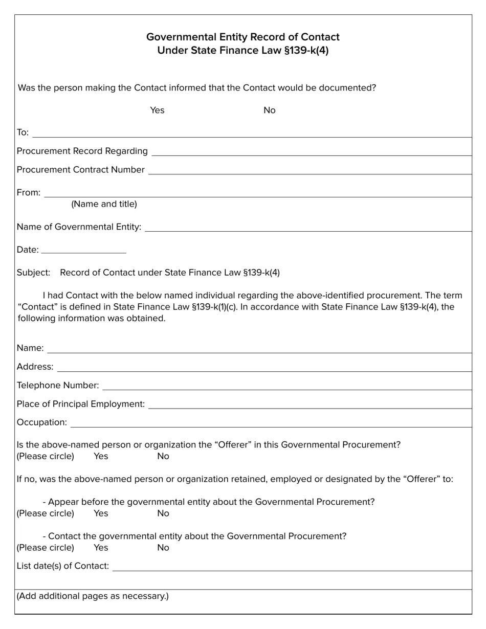 New York Model Form for Governmental Entity Report of Contact Under