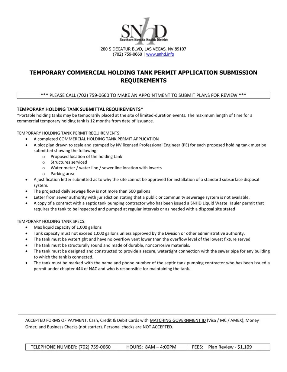 Nevada Commercial Holding Tank Permit Application Fill Out, Sign