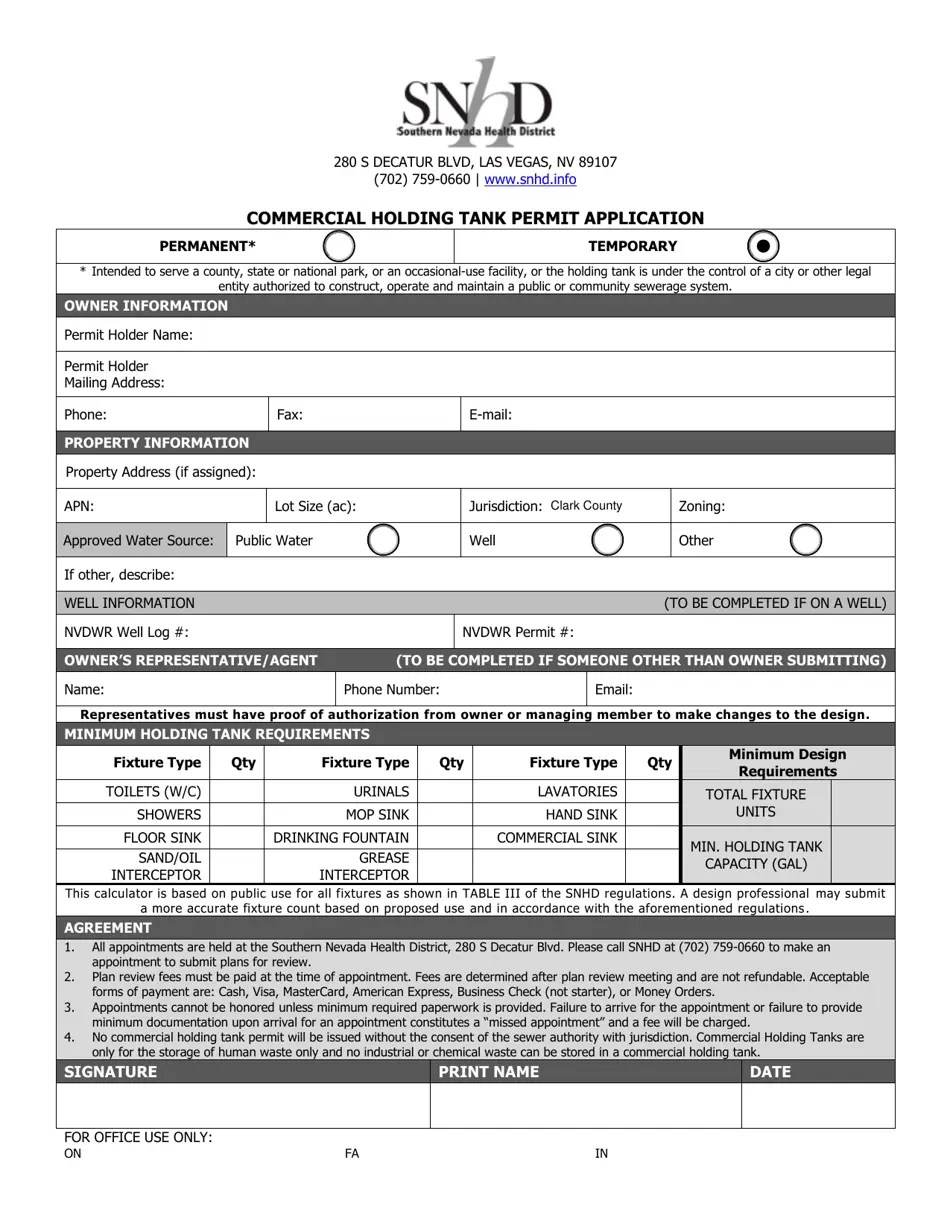 Nevada Commercial Holding Tank Permit Application Fill Out, Sign