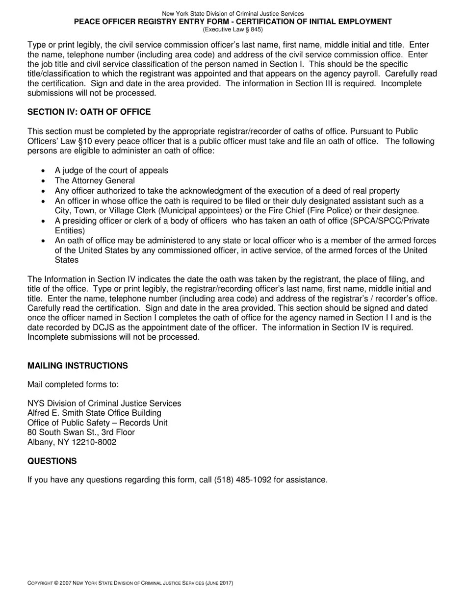New York Peace Officer Registry Entry Form Certification of Initial