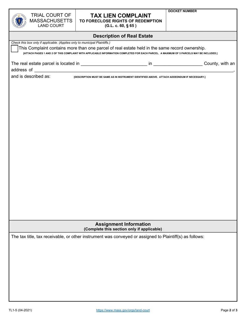 Form TL15 Download Fillable PDF or Fill Online Tax Lien Complaint to