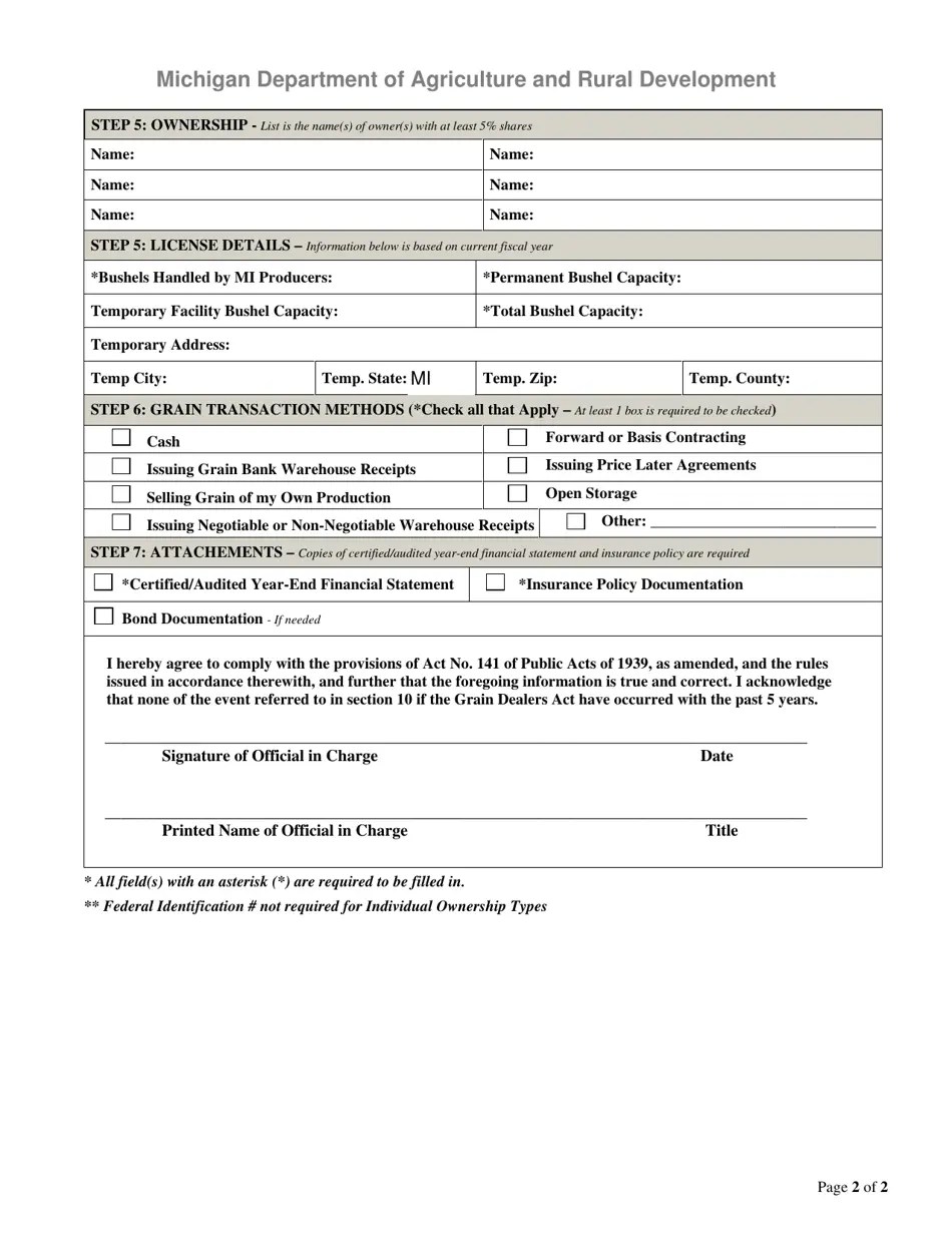 Michigan Grain Dealer Facility License Application Download Fillable