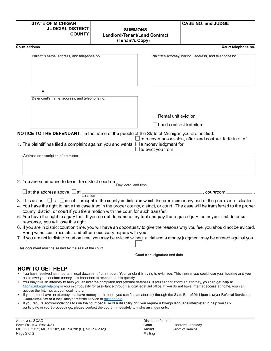 Form DC104 Download Fillable PDF or Fill Online Summons, Landlord