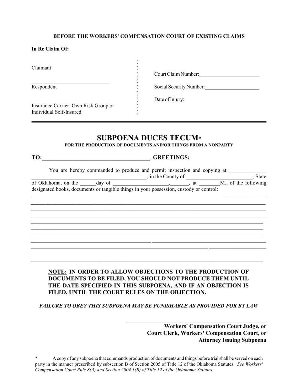 Oklahoma Subpoena Duces Tecum Fill Out, Sign Online and Download PDF
