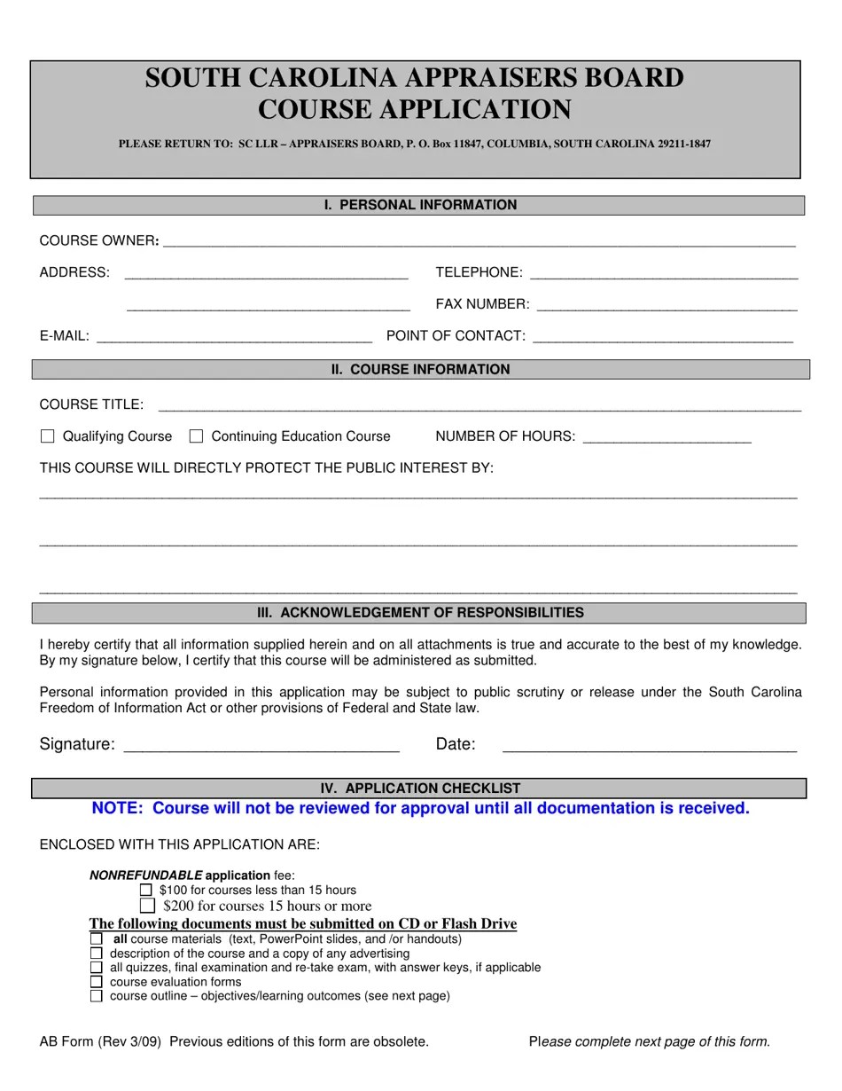 South Carolina Appraisers Board Course Application Fill Out, Sign