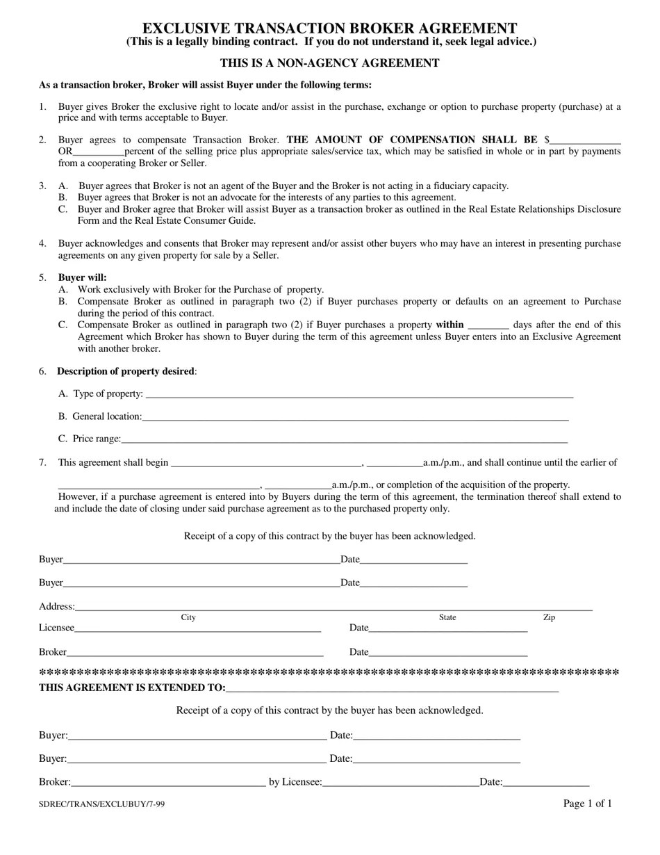South Dakota Exclusive Transaction Broker Agreement Fill Out, Sign