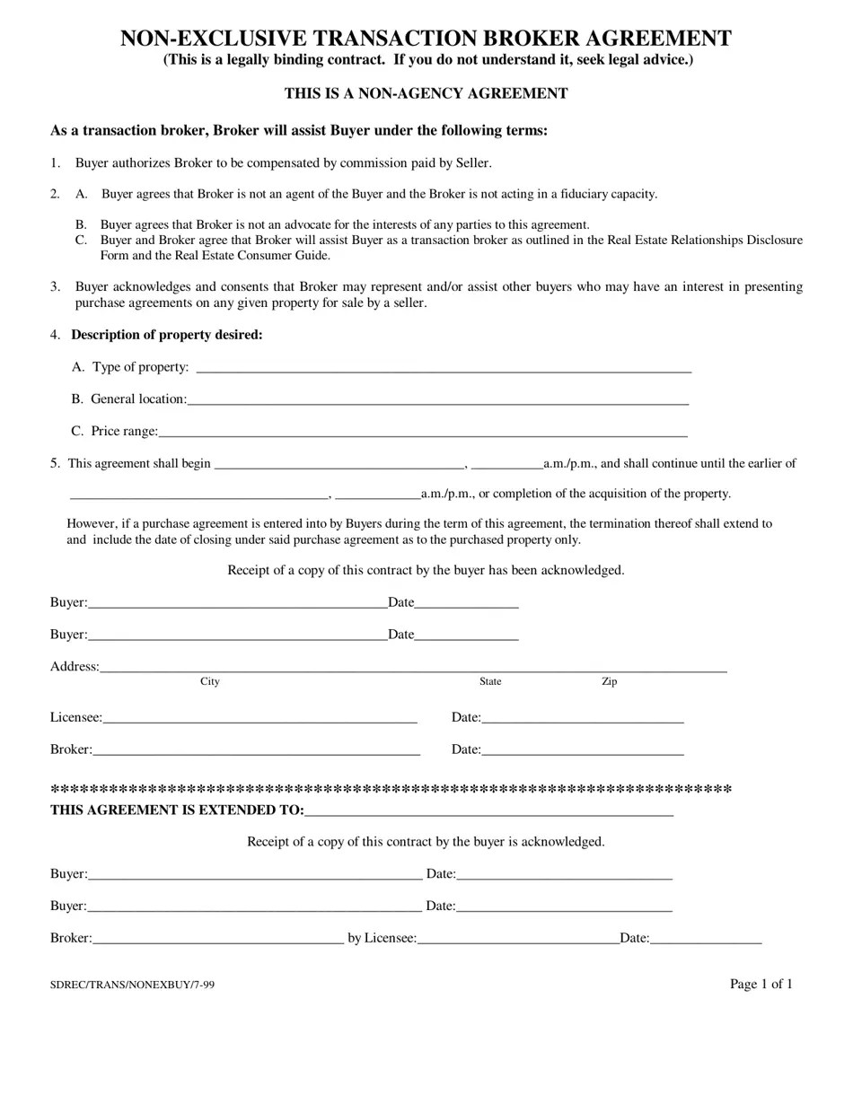 South Dakota Nonexclusive Transaction Broker Agreement Fill Out