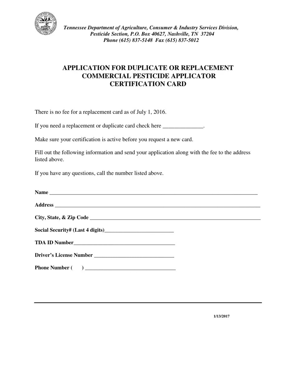 Tennessee Application for Duplicate or Replacement Commercial Pesticide