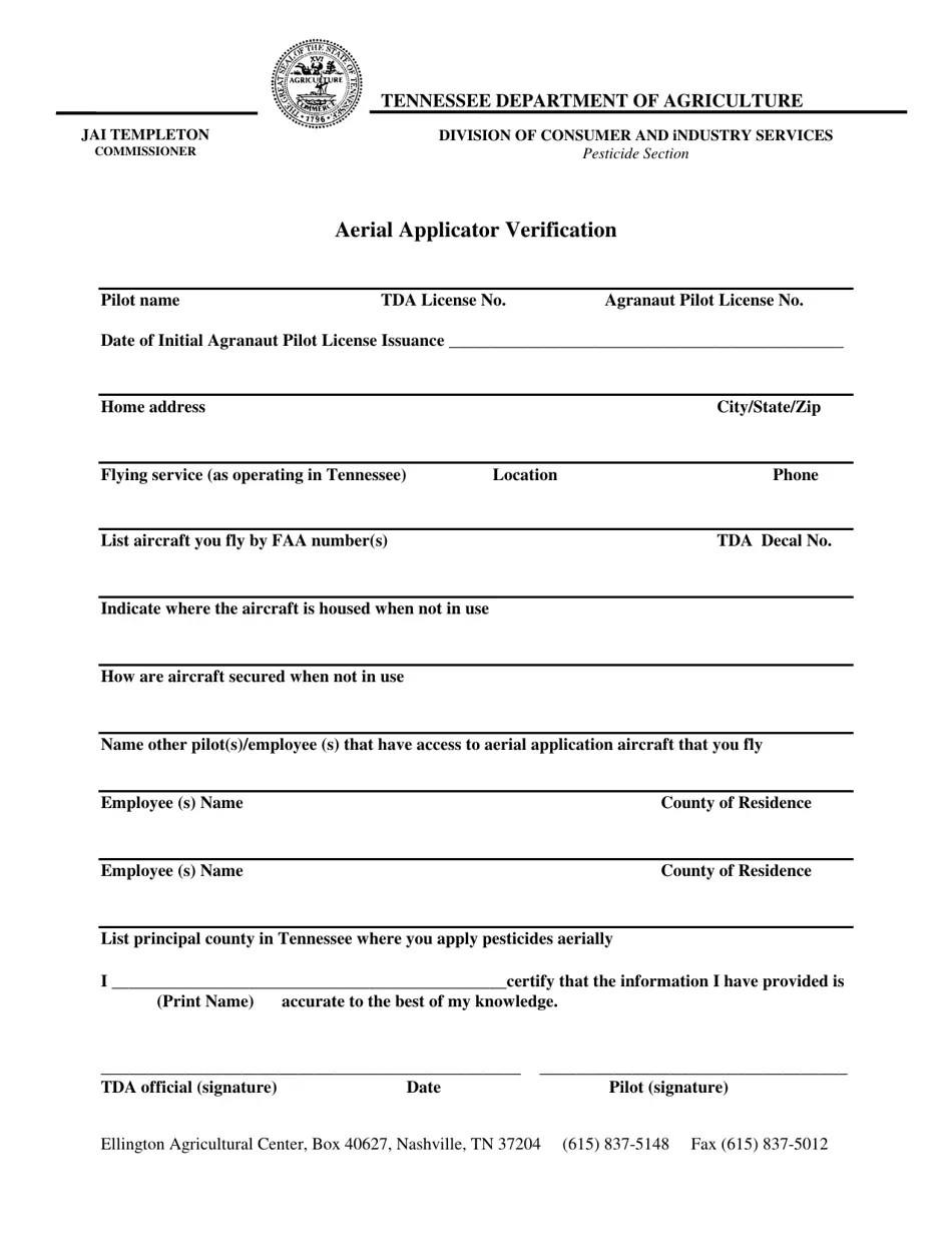 Tennessee Aerial Applicator Verification Fill Out, Sign Online and