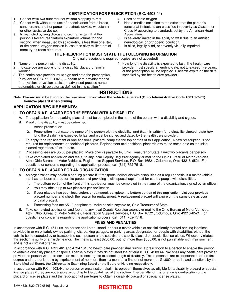 Form BMV4826 Fill Out, Sign Online and Download Printable PDF, Ohio