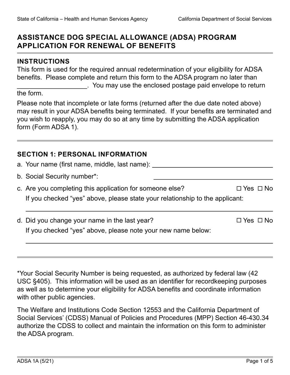 Form ADSA1A Fill Out, Sign Online and Download Fillable PDF