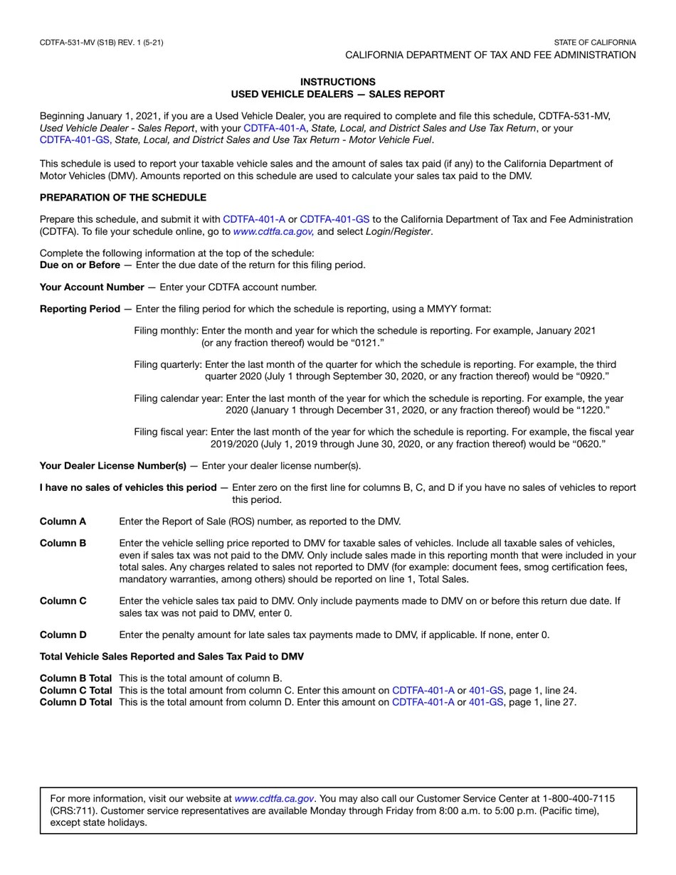 Form CDTFA531MV Fill Out, Sign Online and Download Fillable PDF