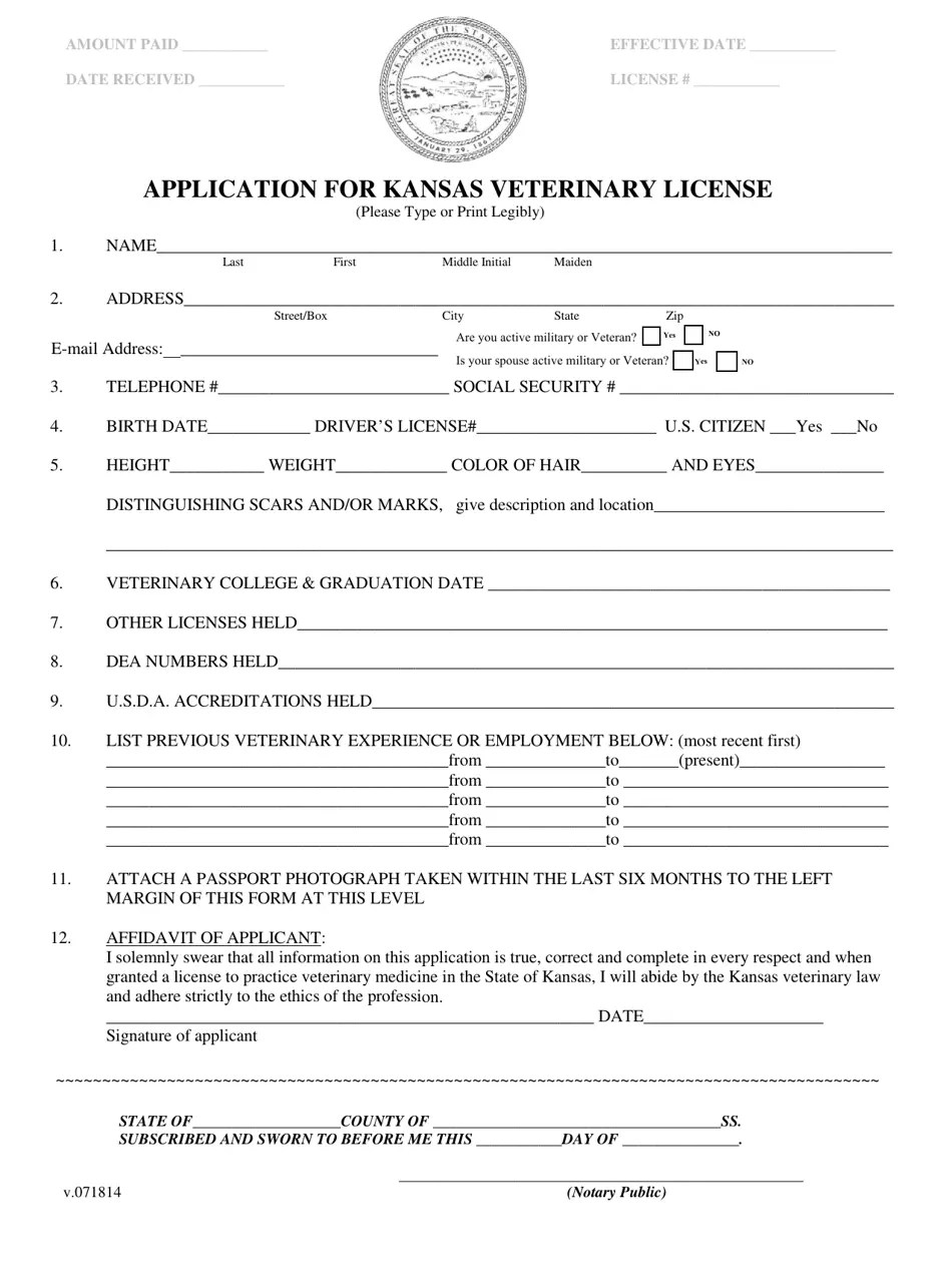 Kansas Application for Kansas Veterinary License Fill Out, Sign