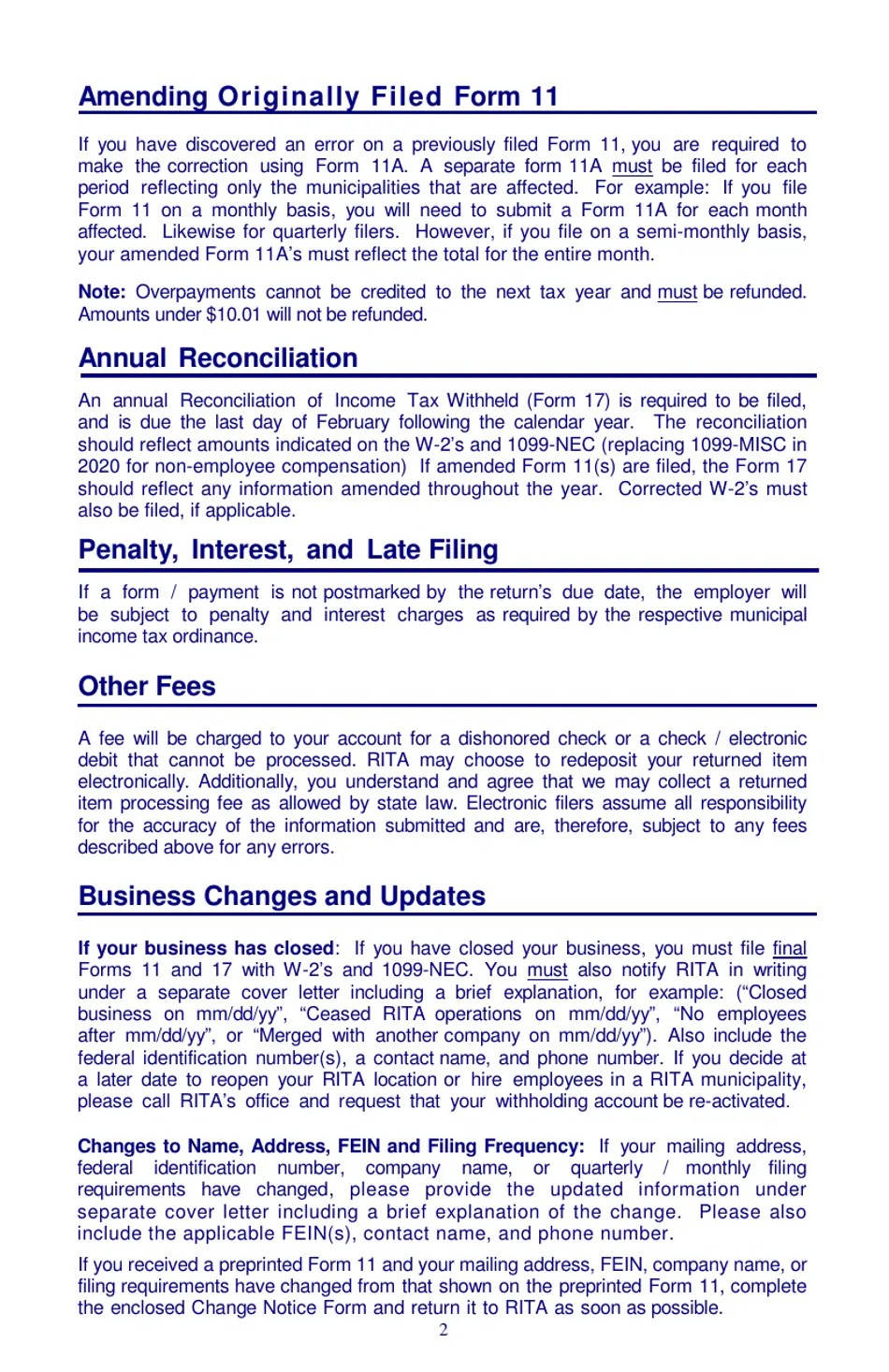 Download Instructions for Form 11 Employer's Municipal Tax Withholding
