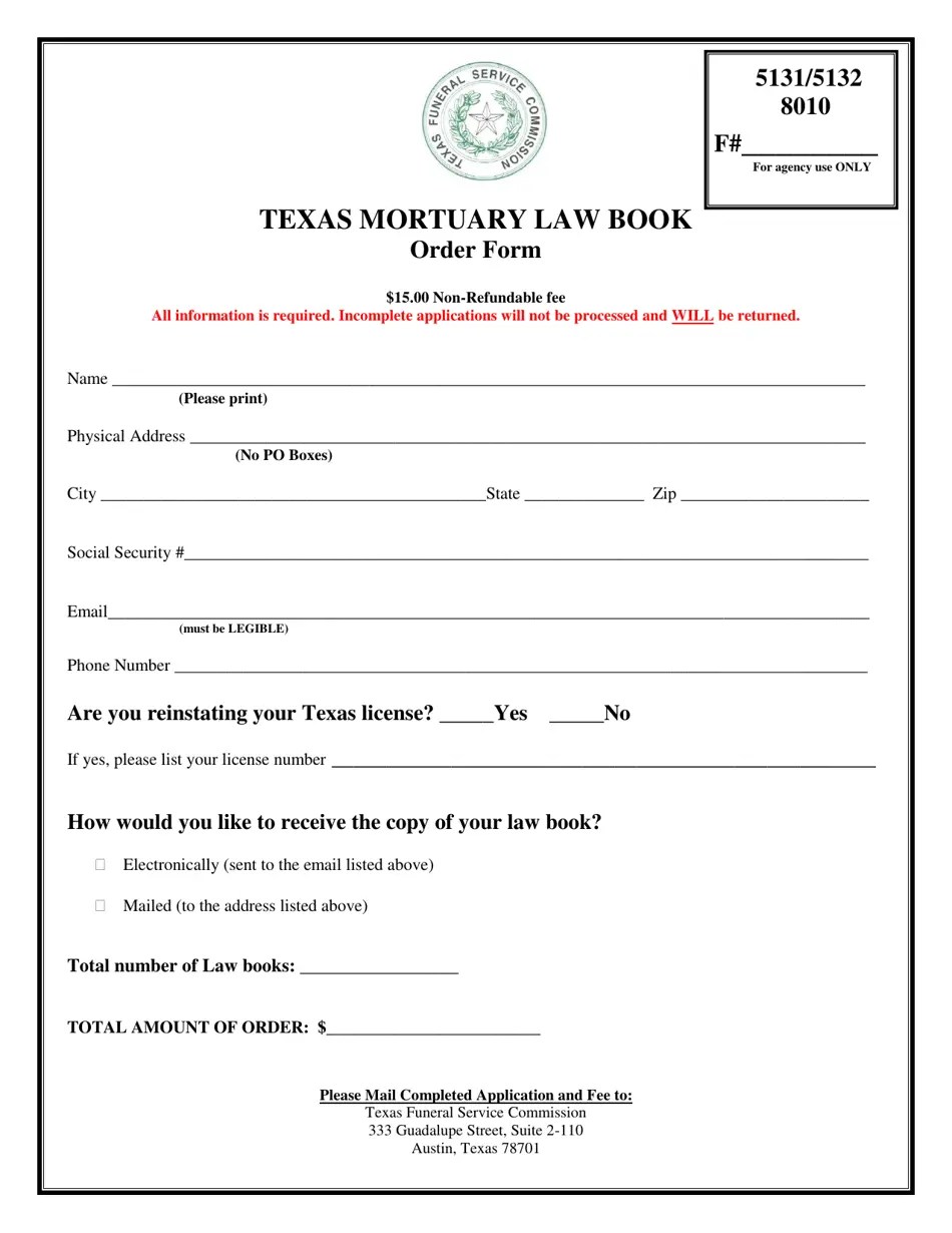 Texas Texas Mortuary Law Book Order Form Download Printable PDF