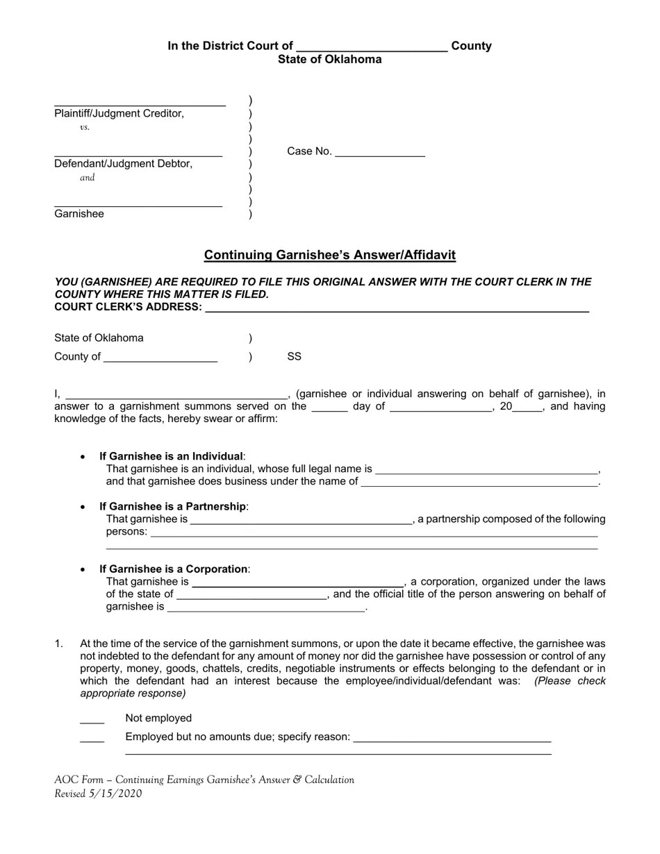 Oklahoma Continuing Garnishee's Answer/Affidavit Fill Out, Sign