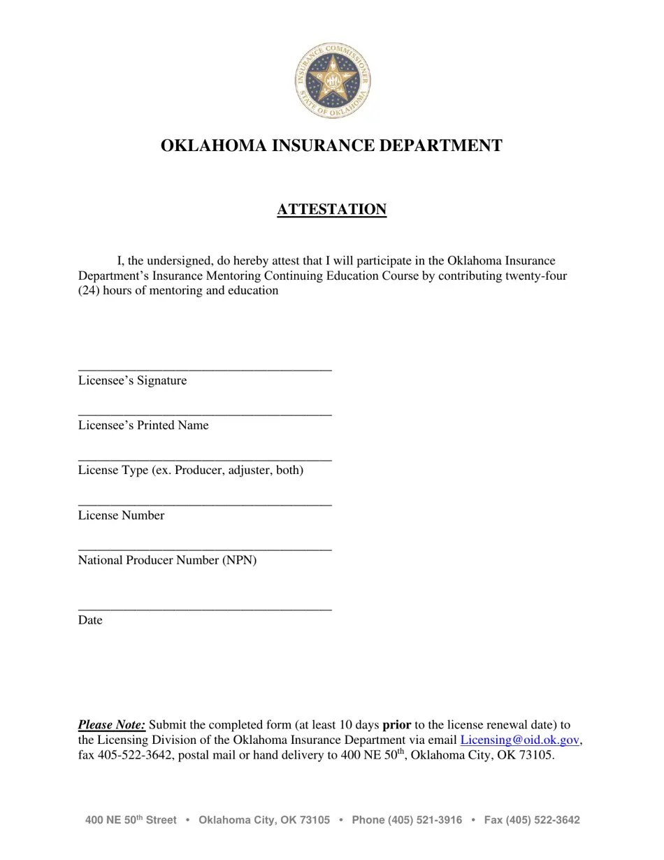 Oklahoma Insurance Mentoring Continuing Education Course Attestation