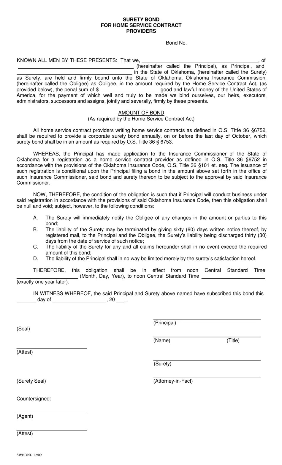 Oklahoma Surety Bond for Home Service Contract Providers Fill Out, Sign Online and Download
