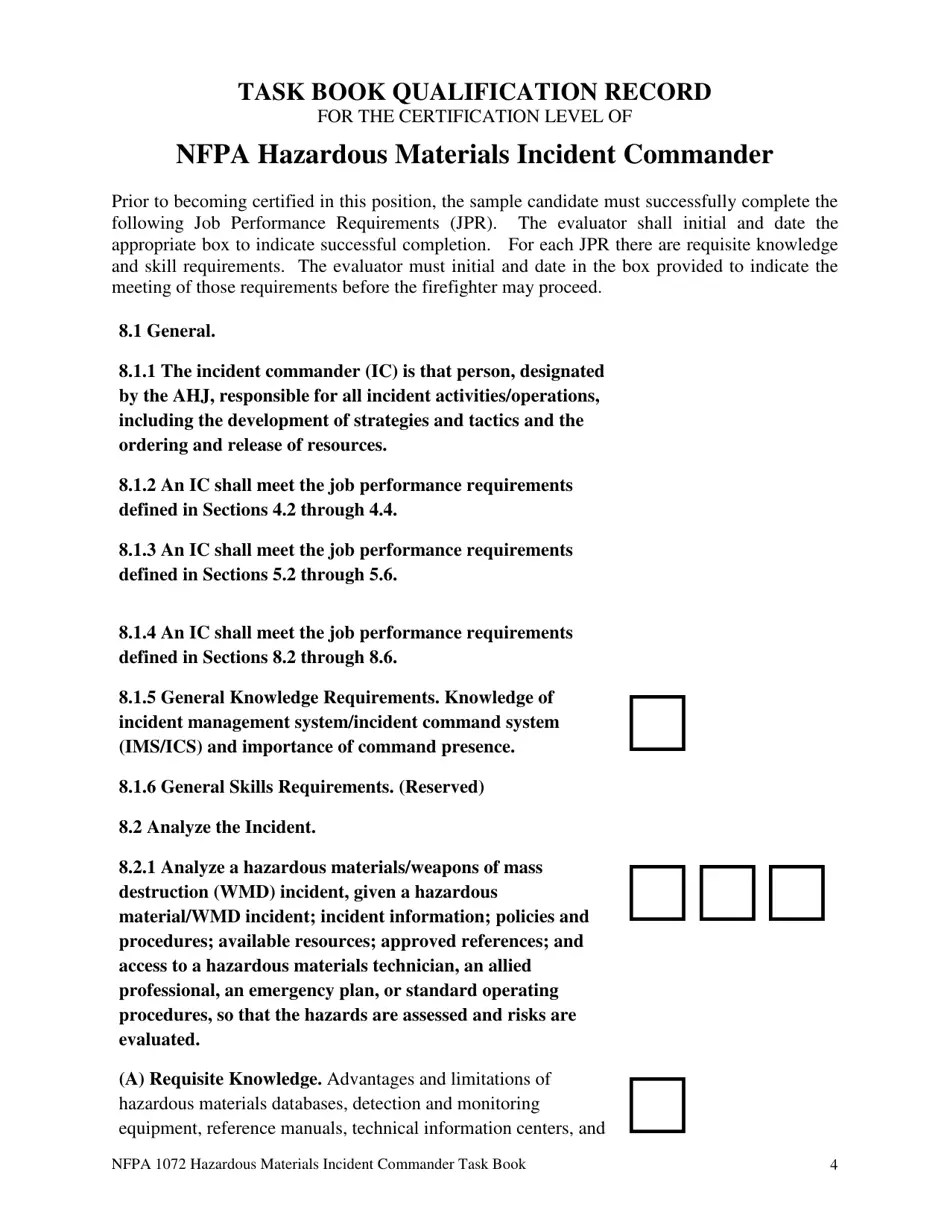 Oregon NFPA Hazardous Materials Incident Commander Task Book Fill Out