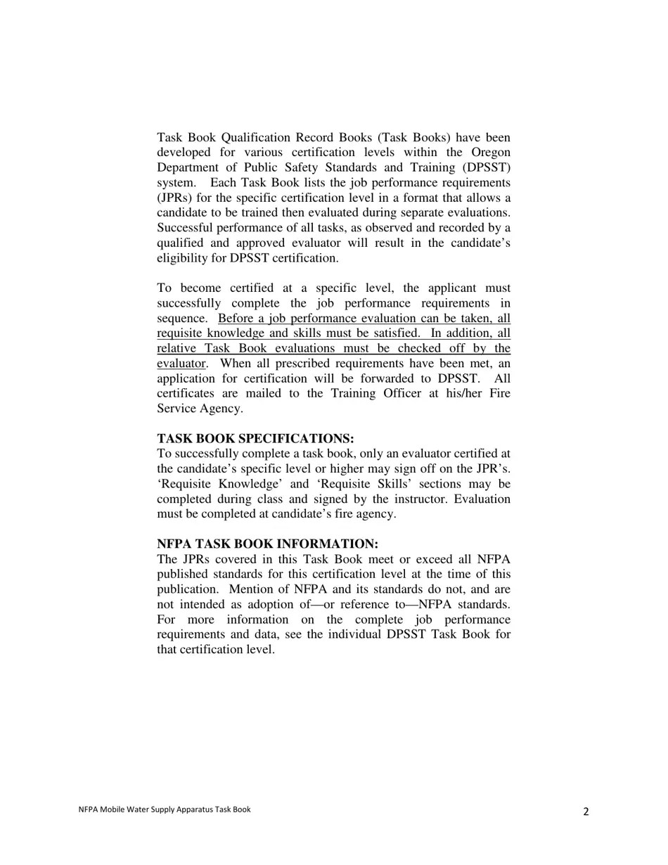 Oregon NFPA Mobile Water Supply Apparatus Task Book Fill Out, Sign