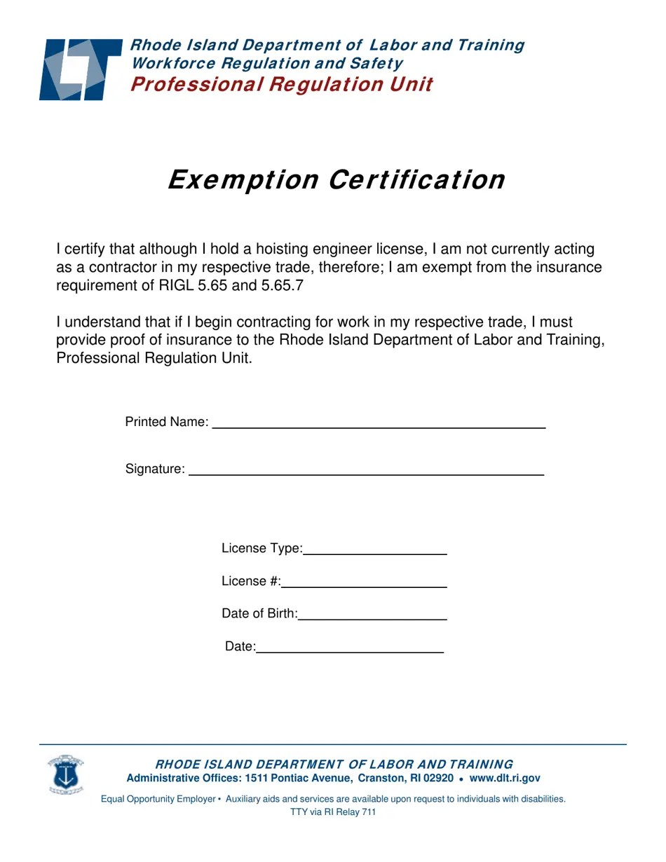 Rhode Island Hoisting Exemption Certification Fill Out, Sign Online