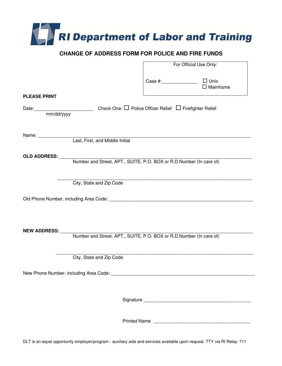 Rhode Island Change of Address Form for Police and Fire Funds Fill