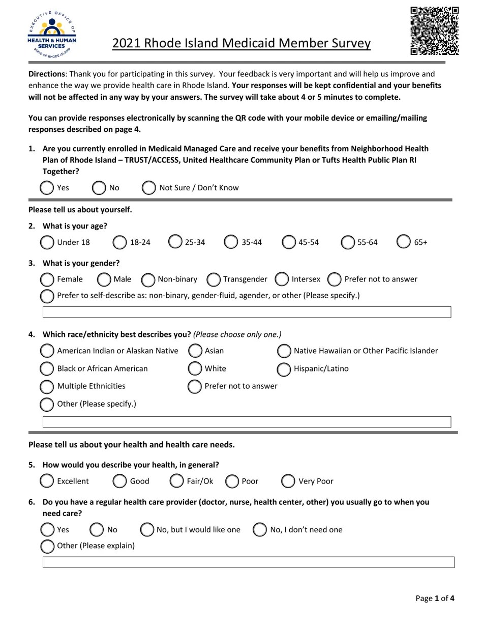 2021 Rhode Island Rhode Island Medicaid Member Survey Download Fillable