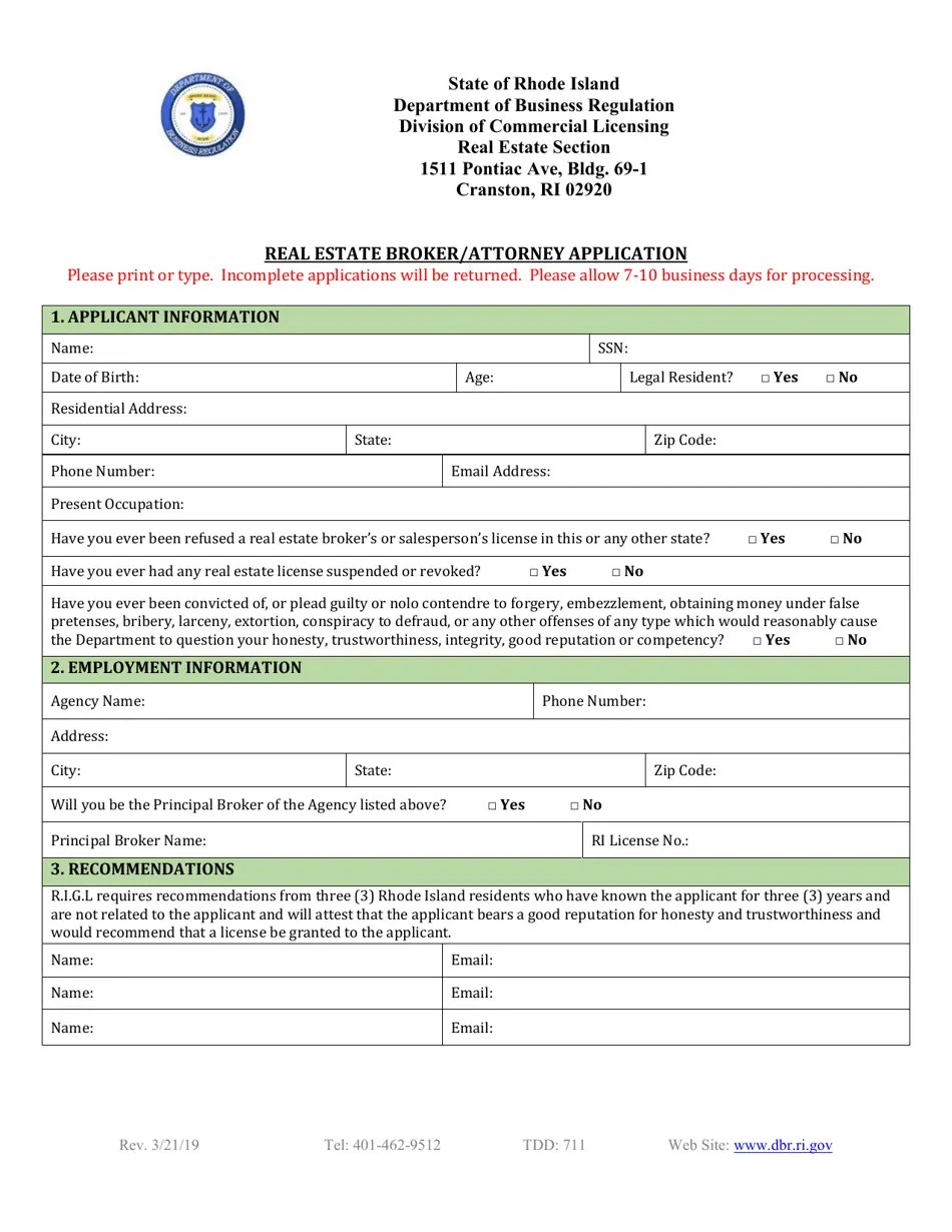 Rhode Island Real Estate Broker/Attorney Application Fill Out, Sign