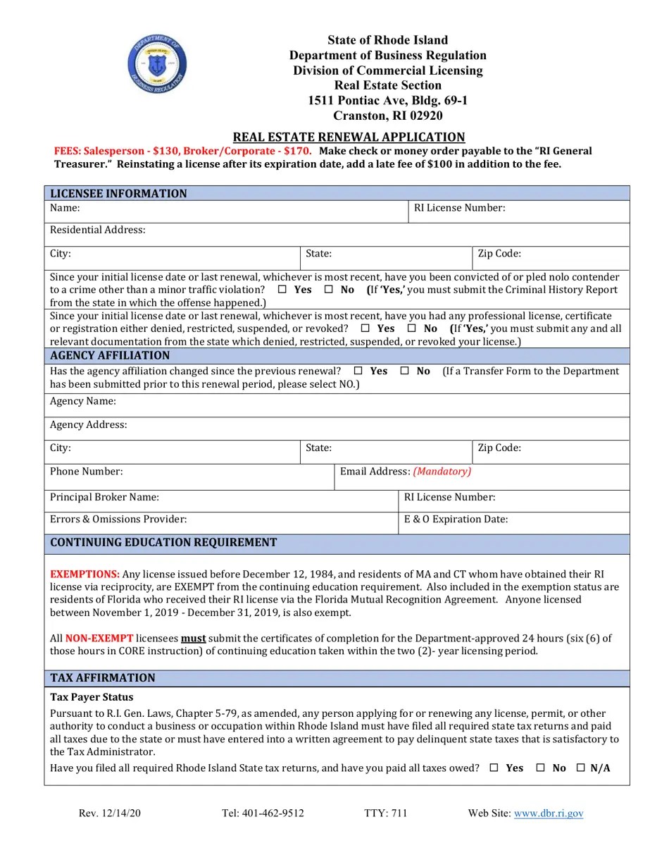 Rhode Island Real Estate Renewal Application Fill Out, Sign Online