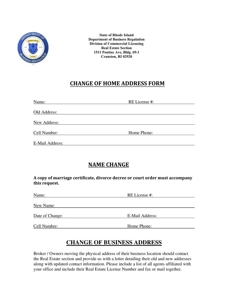 Rhode Island Name/Home Address Change Form Fill Out, Sign Online and