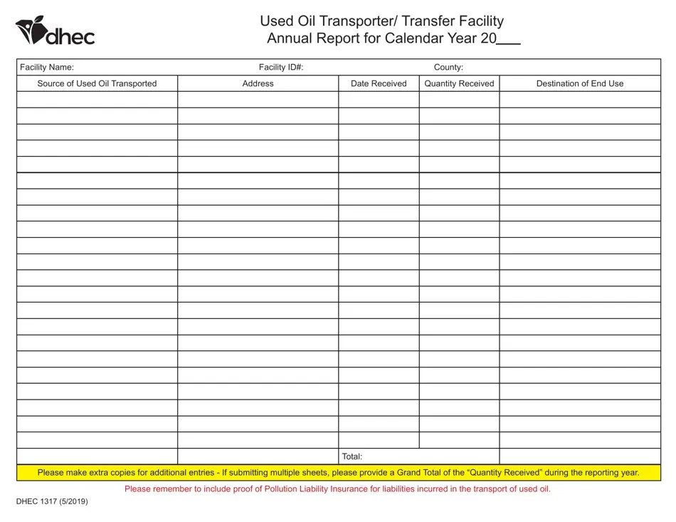 DHEC Form 1317 Download Fillable PDF or Fill Online Used Oil