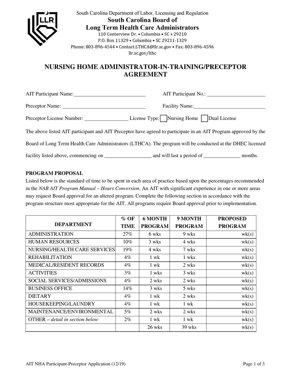 South Carolina Nursing Home AdministratorIntraining Application