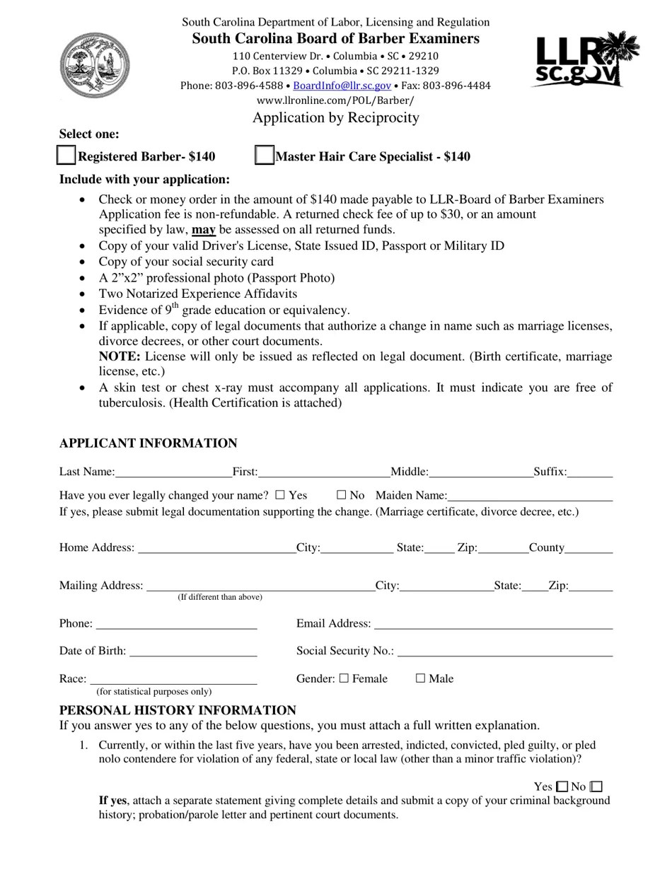 South Carolina Application by Reciprocity Fill Out, Sign Online and