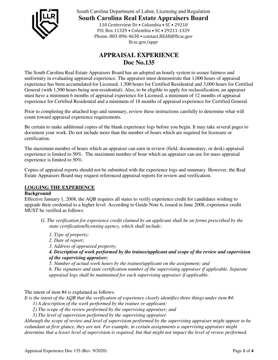 Download Instructions for Appraiser Experience Log PDF Templateroller