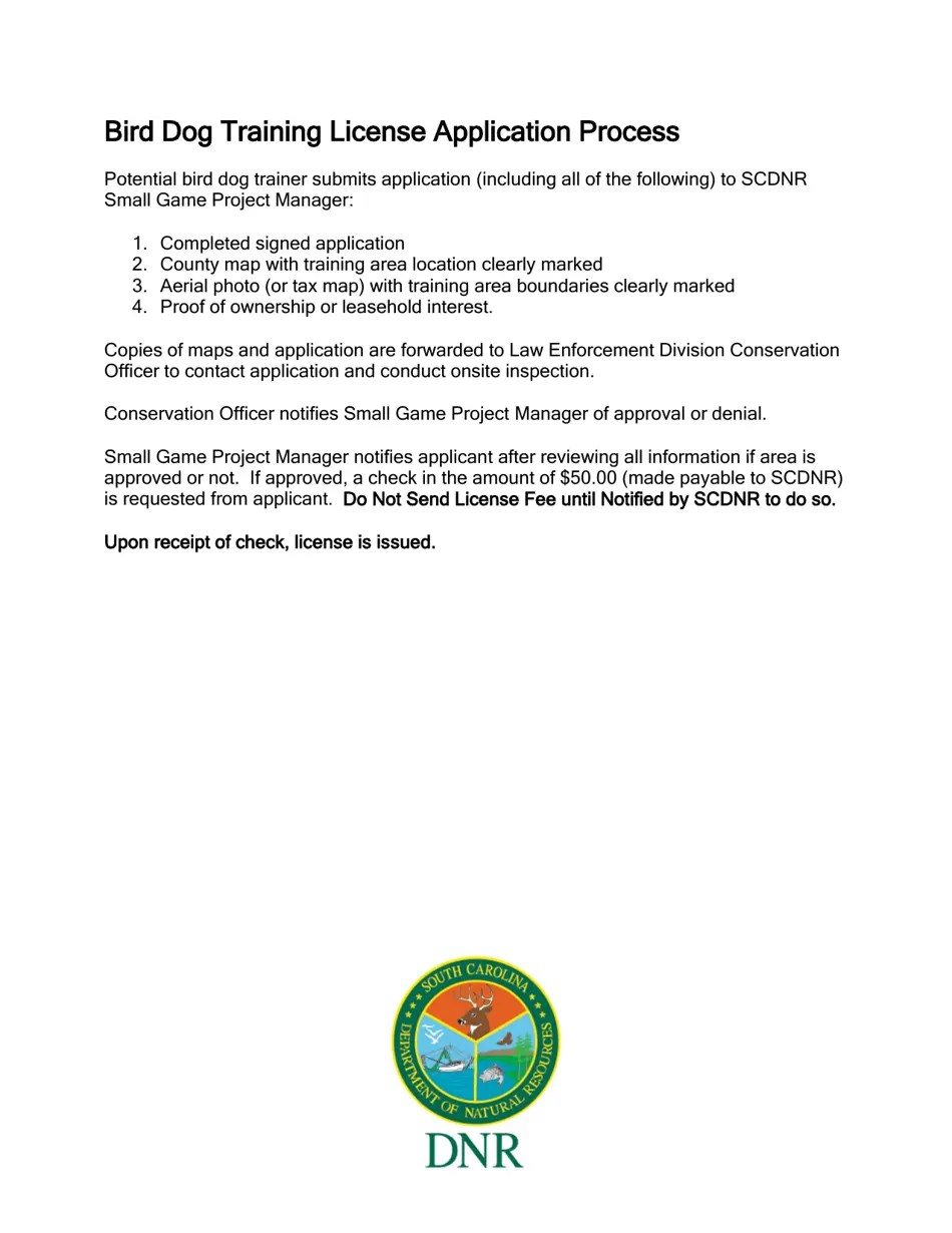 South Carolina Bird Dog Training License Application Fill Out, Sign