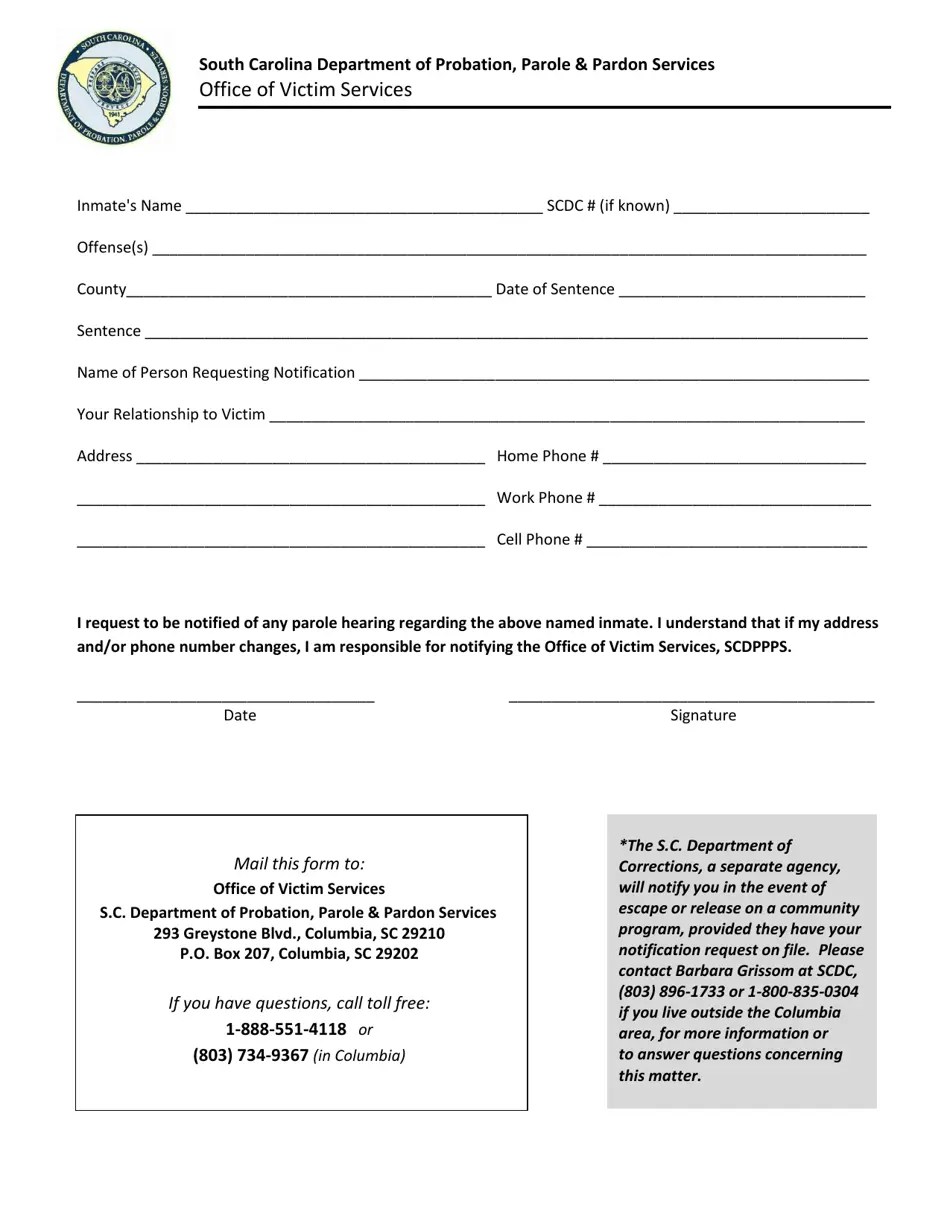 South Carolina Register for Notification of Probation, Parole and Pardon Hearings Fill Out