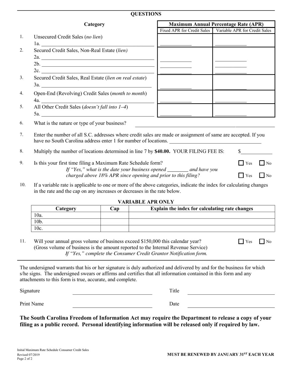 South Carolina Initial Maximum Rate Schedule Consumer Credit Sales