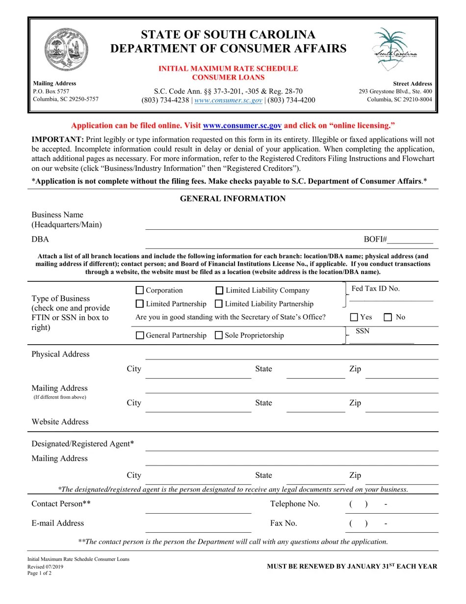 South Carolina Initial Maximum Rate Schedule Consumer Loans Fill